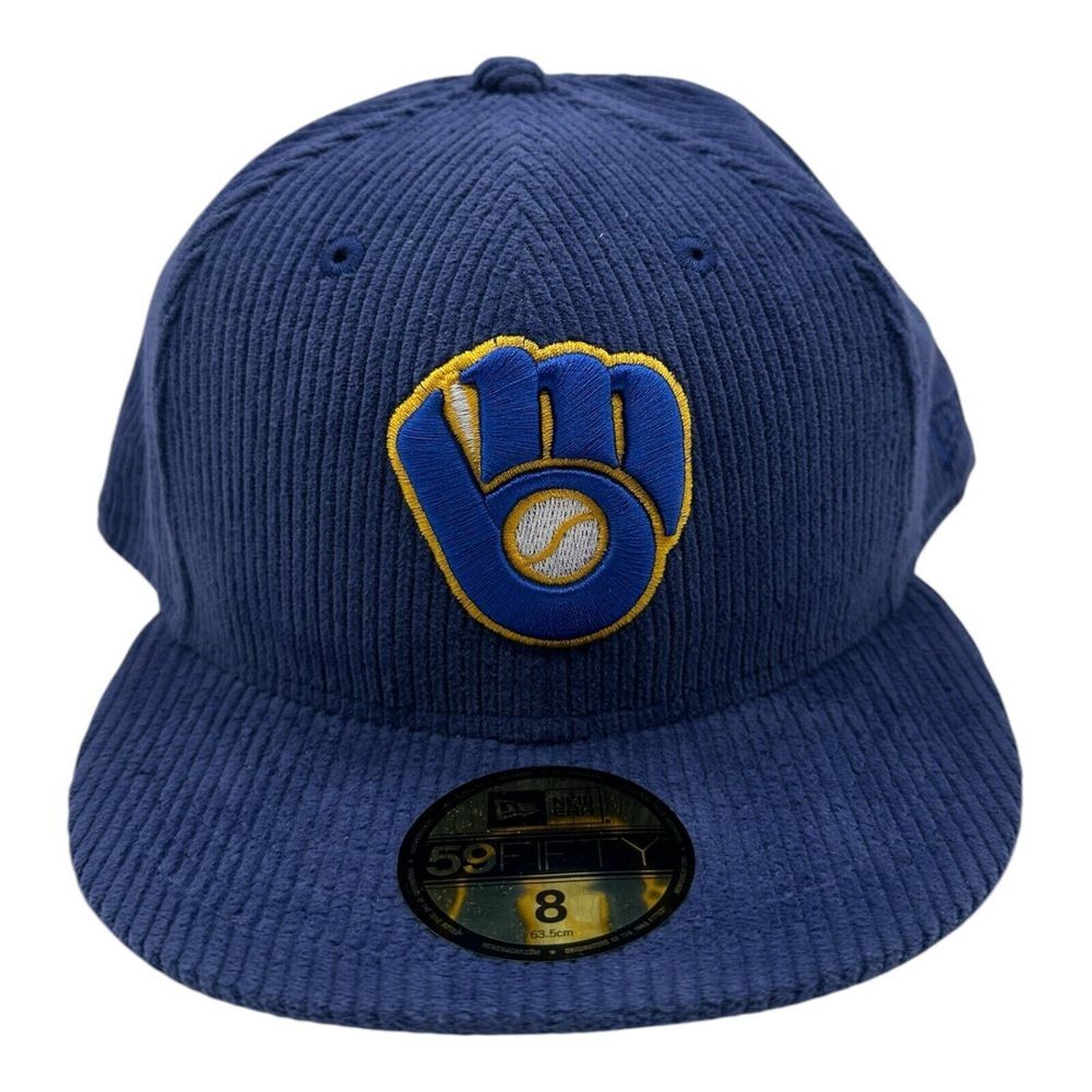 New Era 59Fifty Milwaukee Brewers Hat Cap Sz 8‎ Royal Blue Corduroy MLB Baseball